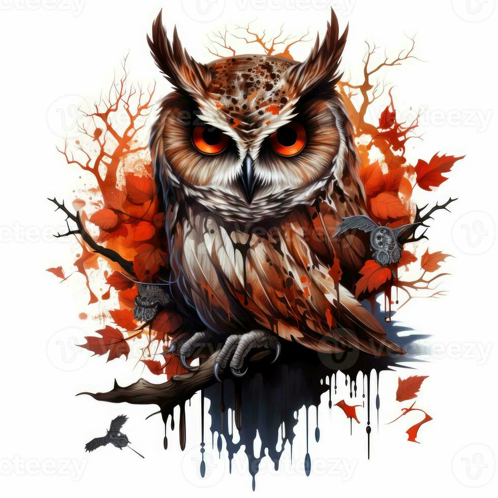 owl portrait Halloween illustration scary horror design tattoo vector isolated sticker fantasy photo