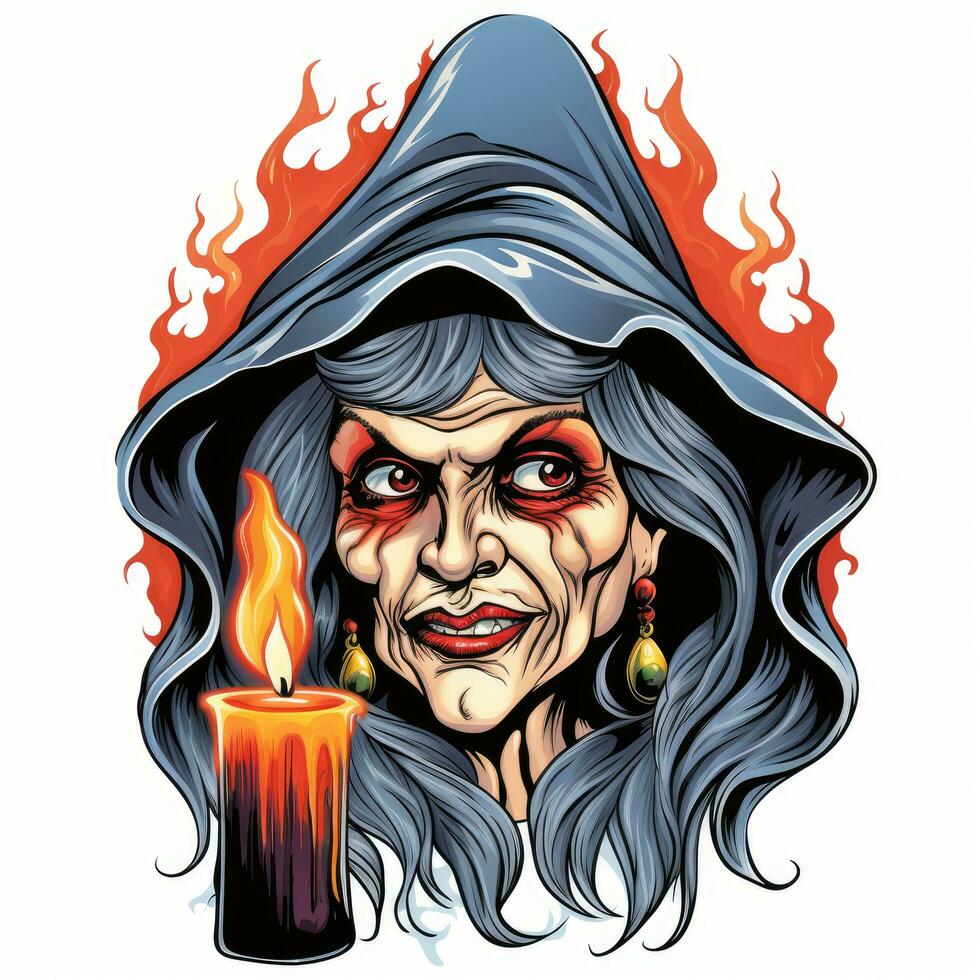 bruja velas retrato Víspera de Todos los Santos ilustración de miedo horror diseño tatuaje vector aislado fantasía foto