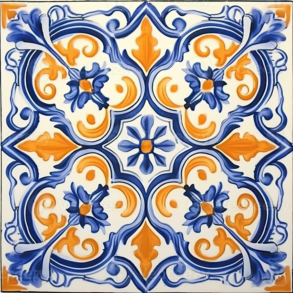 retro vintage ornate ornament tile glazed portuguese mosaic pattern floral blue square art photo