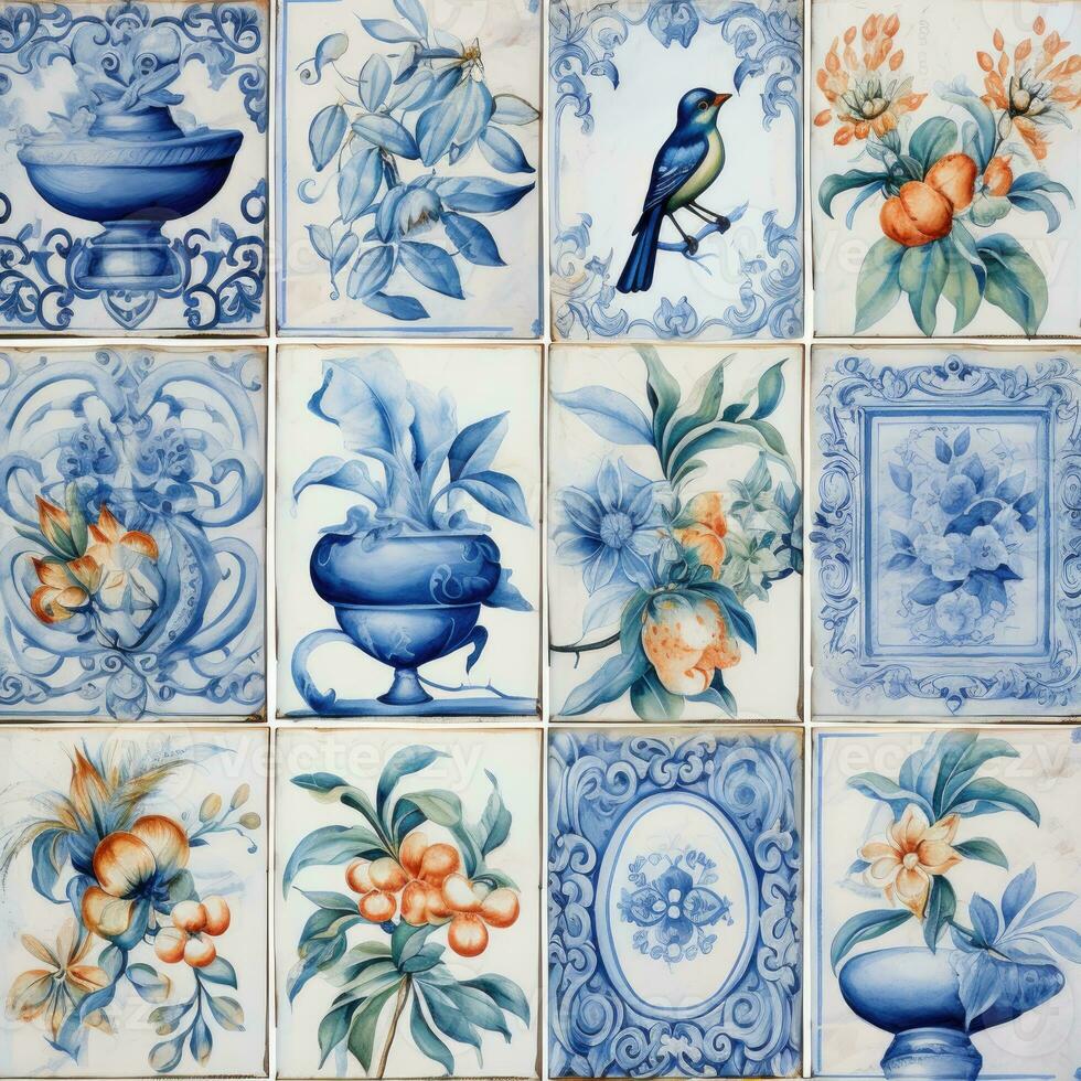 retro vintage ornate ornament tile glazed portuguese mosaic pattern floral blue square art photo