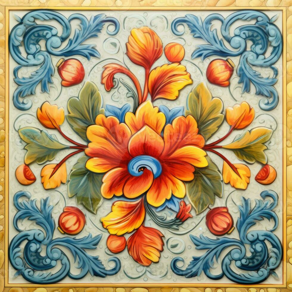 retro vintage ornate ornament tile glazed mosaic pattern floral blue square art book illustration photo