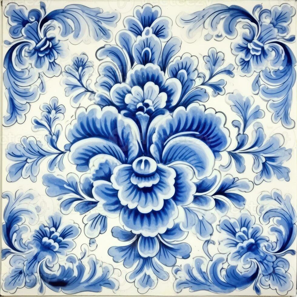 retro vintage ornate ornament tile glazed portuguese mosaic pattern floral blue square art photo