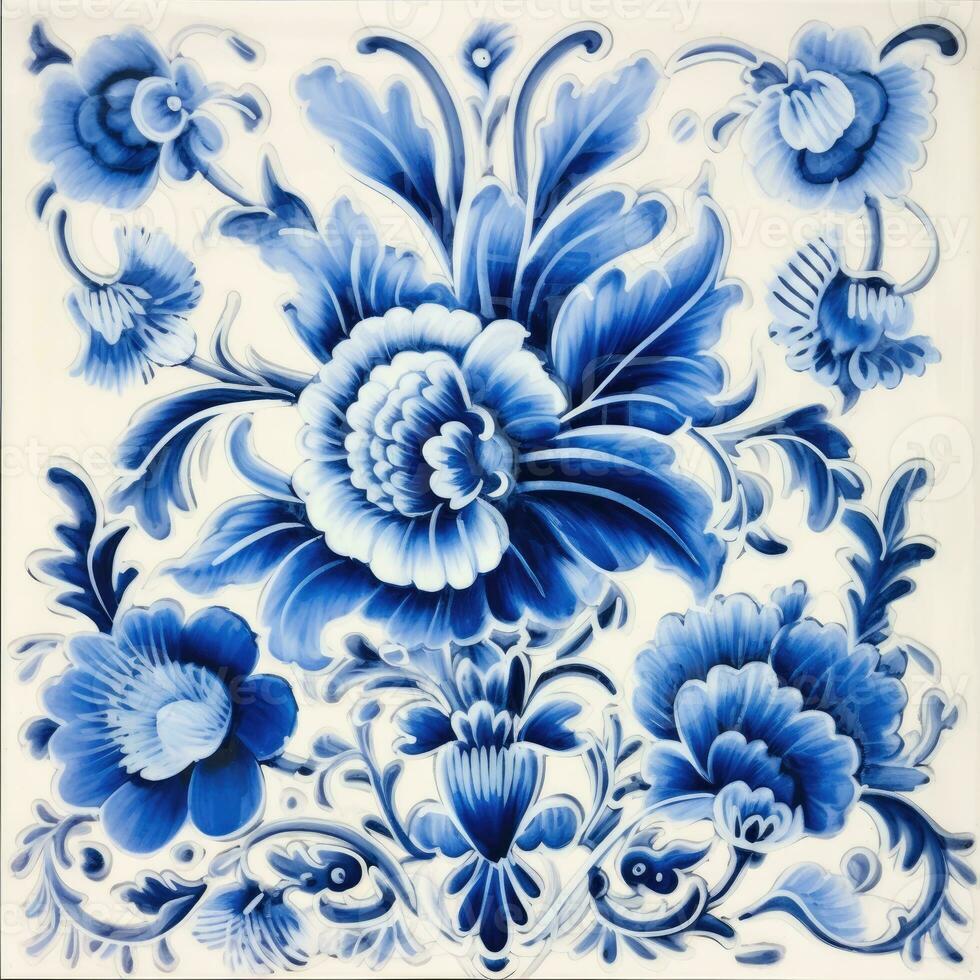 retro vintage ornate ornament tile glazed portuguese mosaic pattern floral blue square art photo