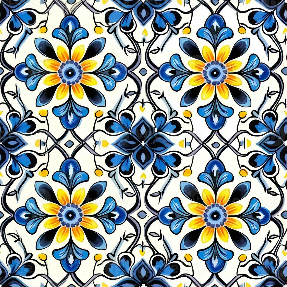 retro vintage ornate ornament tile glazed slavic russian mosaic pattern floral blue square art photo