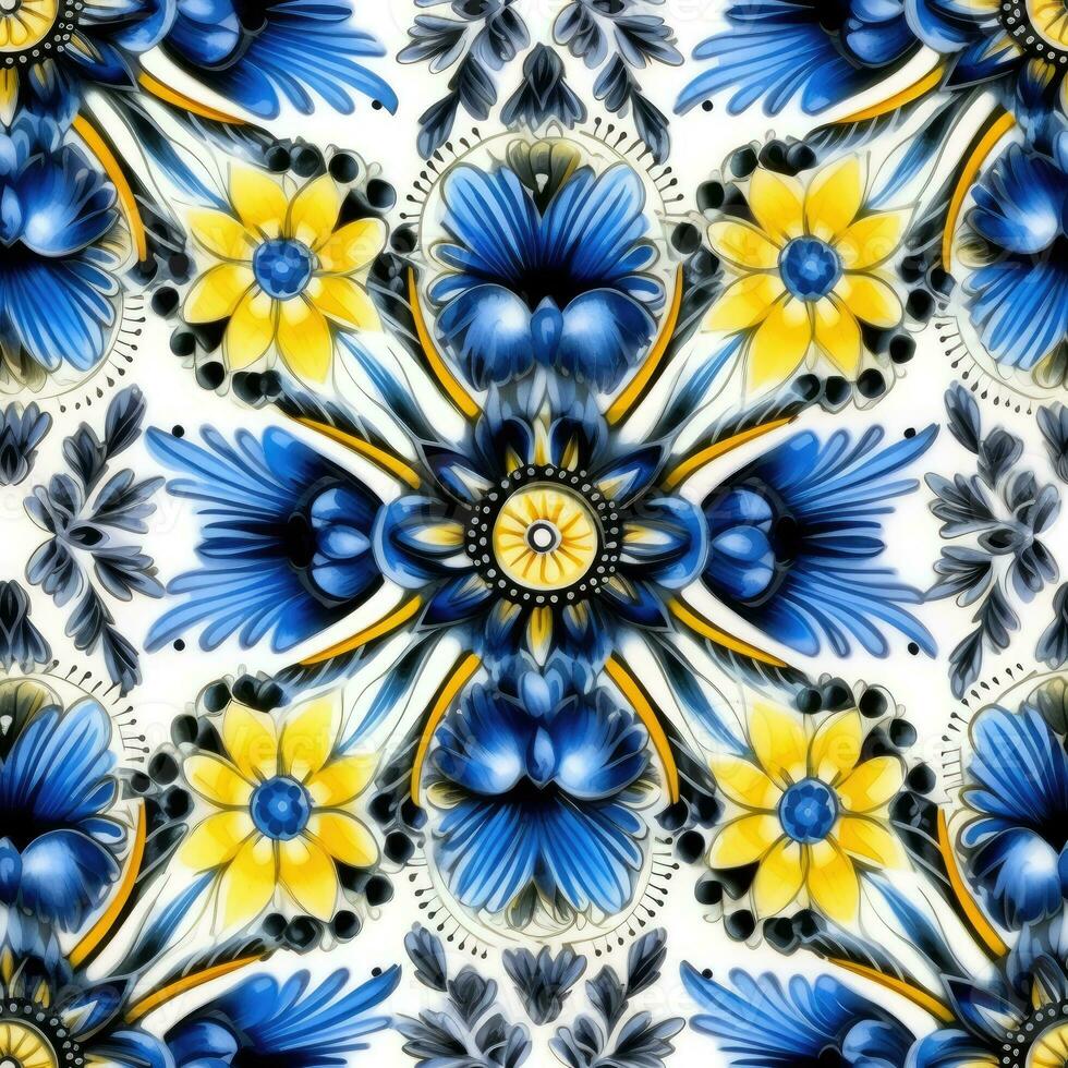 retro Clásico florido ornamento loseta vidriado eslavo ruso mosaico modelo floral azul cuadrado Arte foto