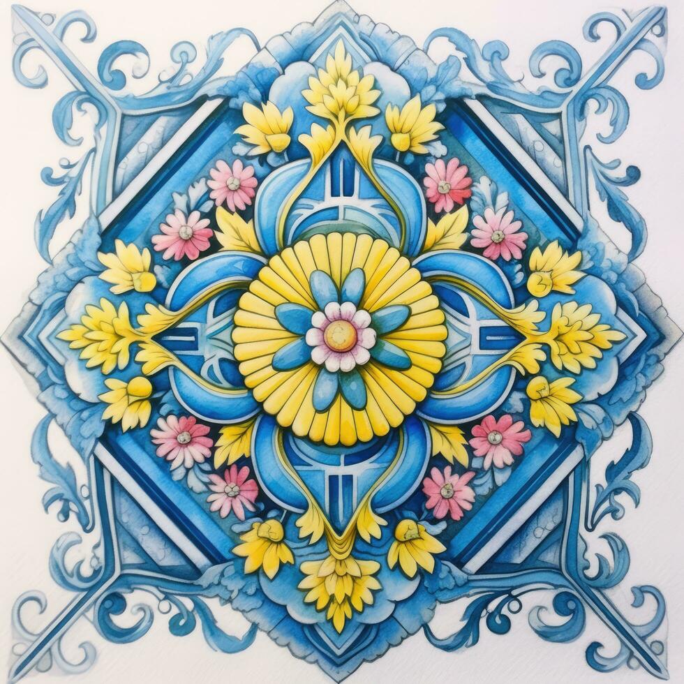 retro vintage ornate ornament tile glazed portuguese mosaic pattern floral blue square art photo