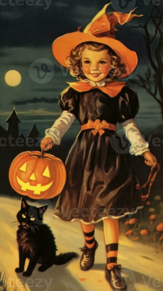 vintage retro children book postcard illustration 1950s scary halloween costume smile witch photo