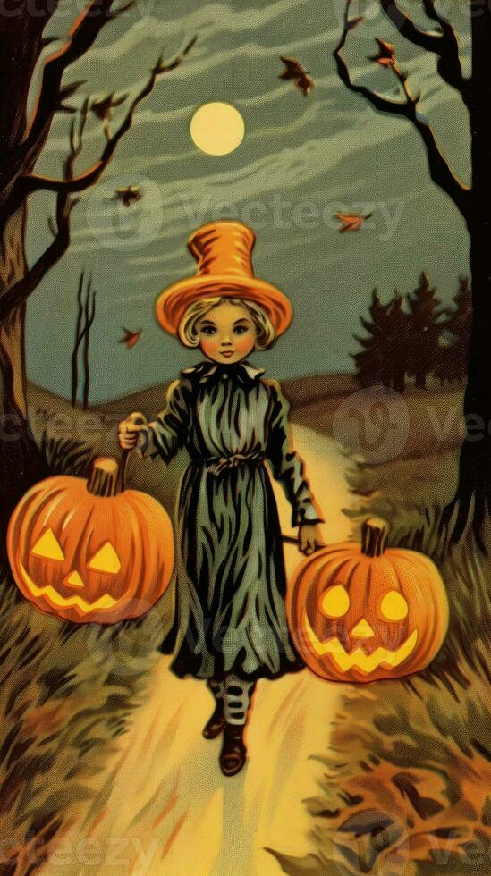 vintage retro children book postcard illustration 1950s scary halloween costume smile witch photo