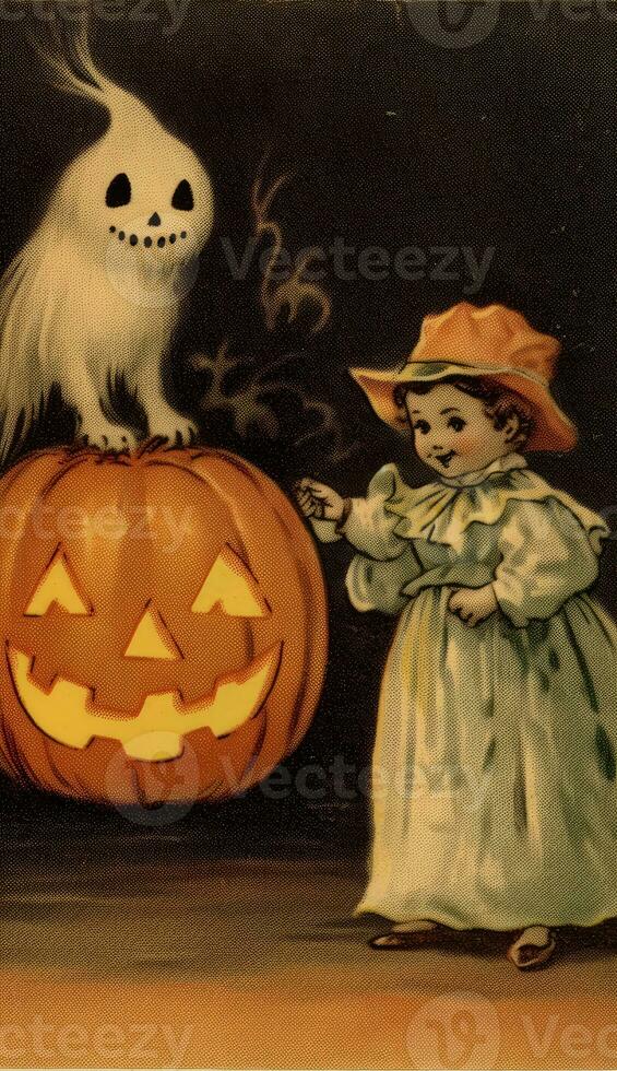 ghost spirit vintage retro book postcard illustration 1950s scary halloween costume smile photo