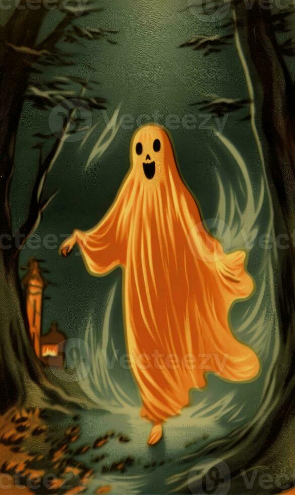 ghost spirit vintage retro book postcard illustration 1950s scary halloween costume smile photo