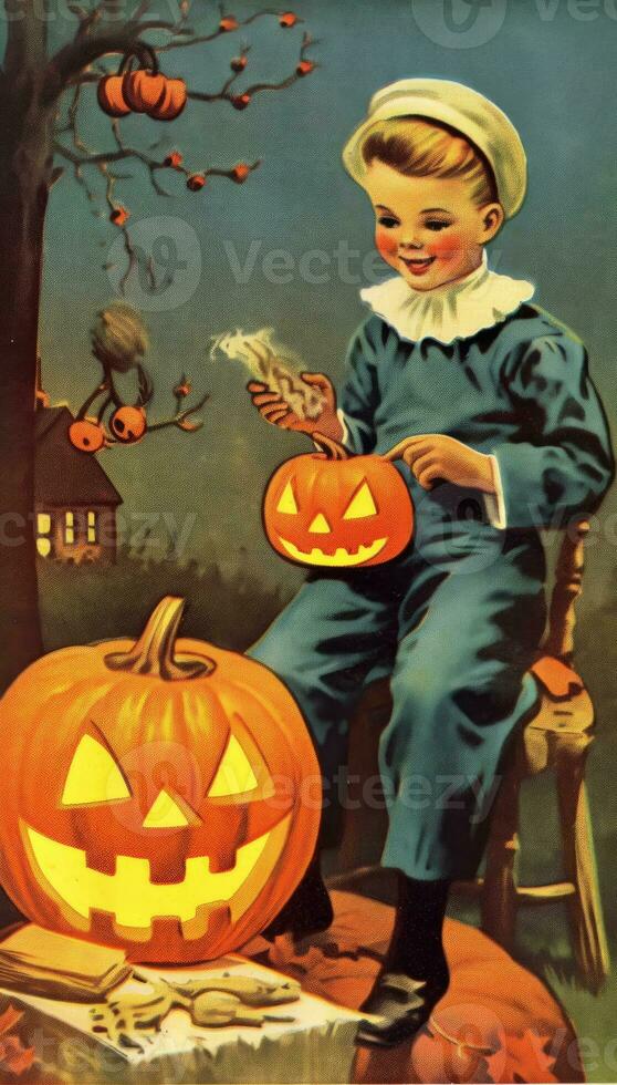 vintage retro children book postcard illustration 1950s scary halloween costume smile witch photo