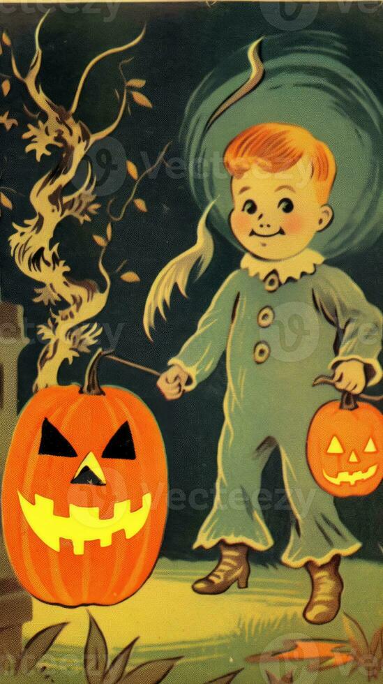 vintage retro children book postcard illustration 1950s scary halloween costume smile witch photo