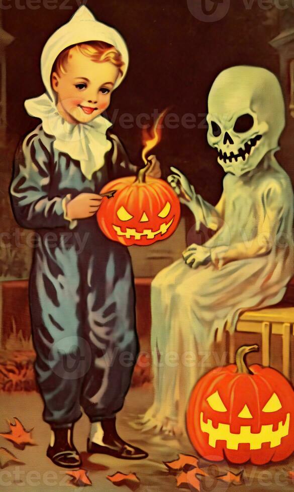 vintage retro children book postcard illustration 1950s scary halloween costume smile witch photo