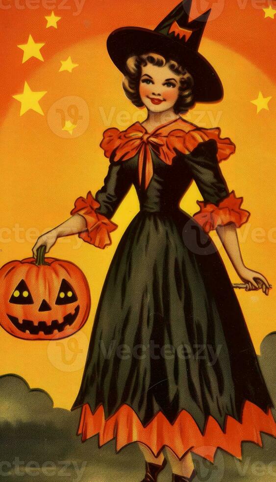 woman female witch vintage retro book postcard illustration 1950s scary halloween costume smile photo
