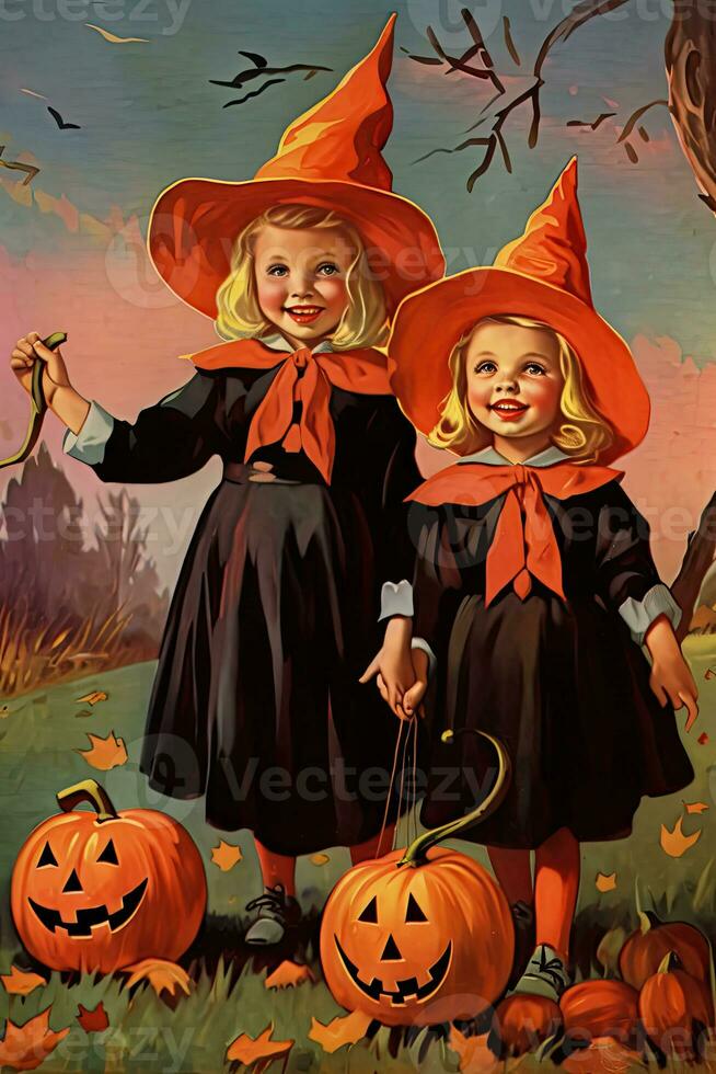 vintage retro children book postcard illustration 1950s scary halloween costume smile witch photo