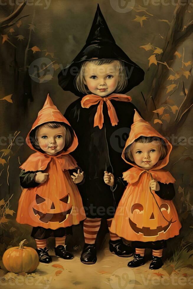 vintage retro children book postcard illustration 1950s scary halloween costume smile witch photo