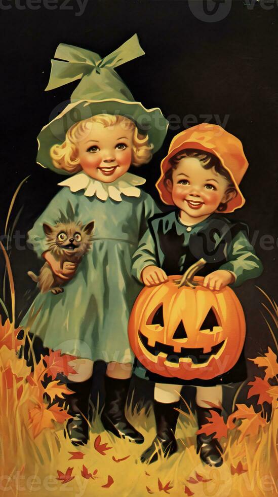 vintage retro children book postcard illustration 1950s scary halloween costume smile witch photo