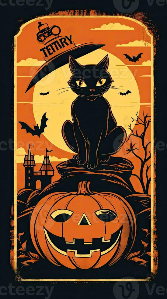 cat siting pumpkin vintage retro book postcard illustration 1950s scary halloween costume hat photo