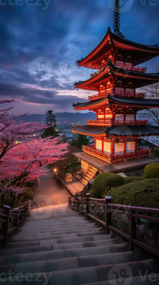 Japón zen paisaje panorama ver fotografía sakura flores pagoda paz silencio torre pared foto