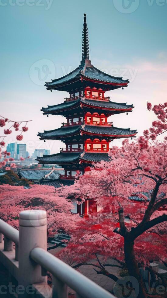 japan zen landscape panorama view photography Sakura flowers pagoda peace silence tower wall photo