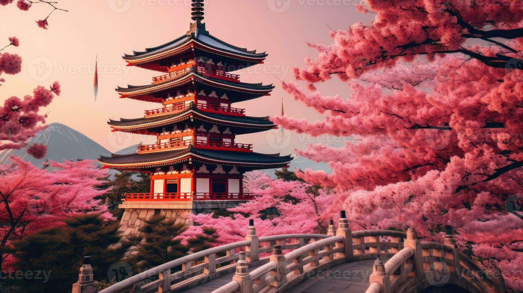 japan zen landscape panorama view photography Sakura flowers pagoda peace silence tower wall photo