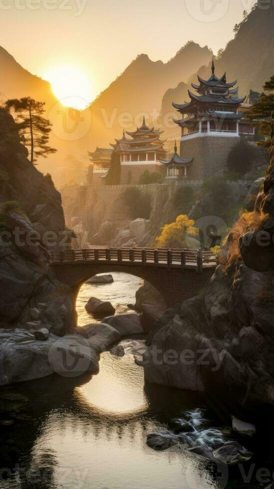 japan zen bridge landscape panorama view photography Sakura flowers pagoda peace silence tower wall photo