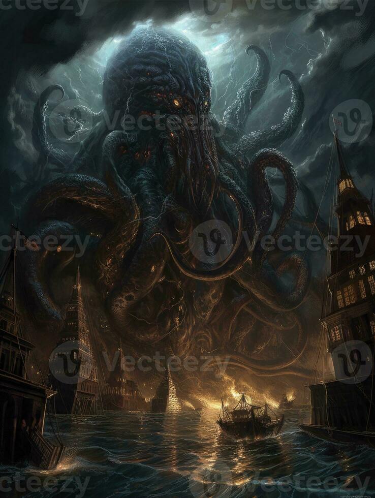 diablo Cthulhu demon battle tattoo epic dark fantasy illustration art scary poster oil painting photo