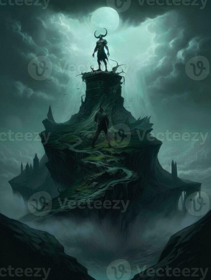 demon rock warrior moonlight epic dark fantasy illustration art scary poster oil painting darkness photo