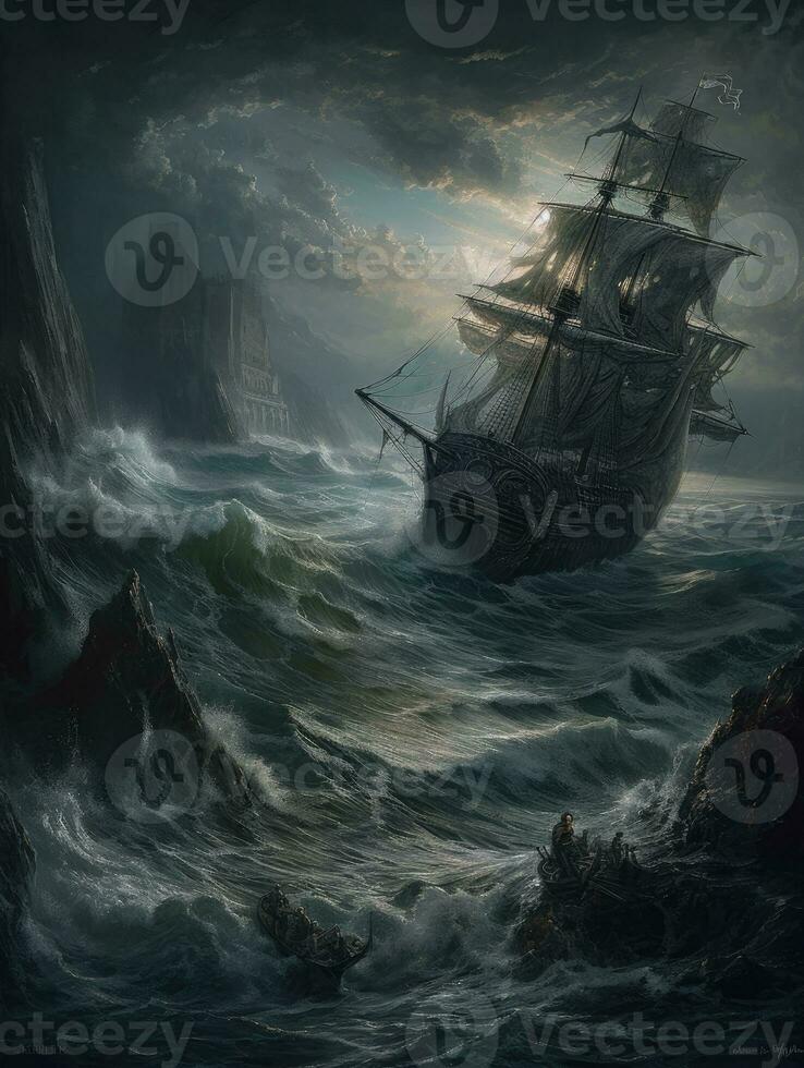 ship sea wave epic dark fantasy illustration art scary detailed poster oil painting apocalypse photo