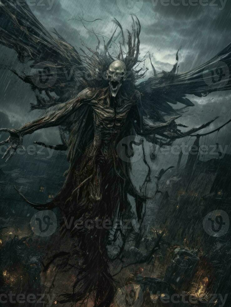 demon flying tyrael game tattoo epic dark fantasy illustration art scary poster oil painting photo