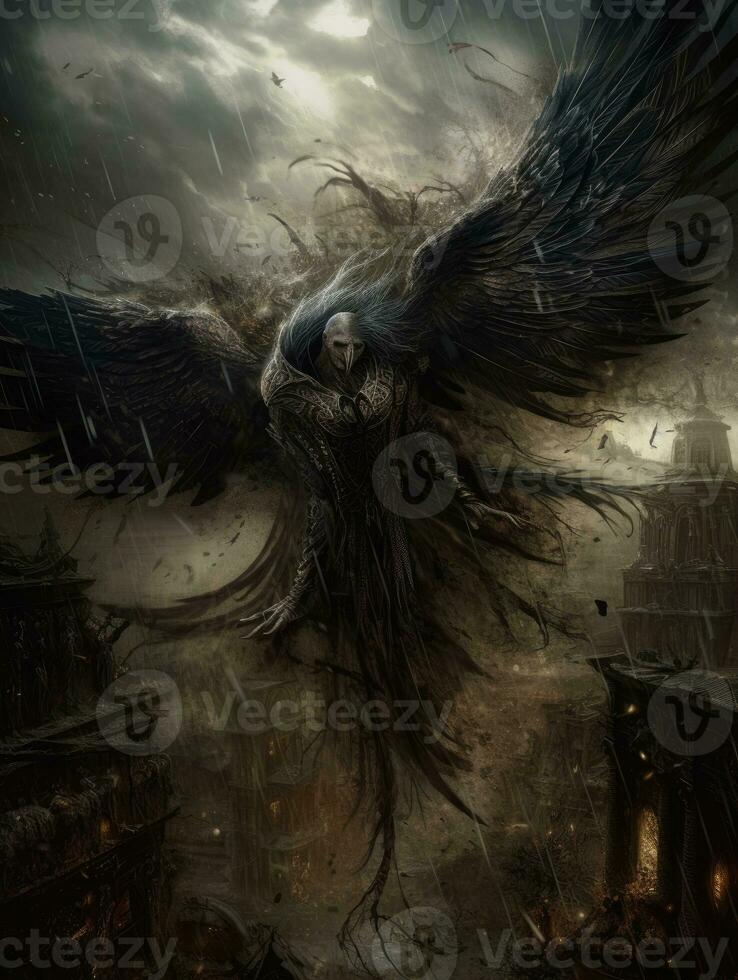 demon flying tyrael game tattoo epic dark fantasy illustration art scary poster oil painting photo