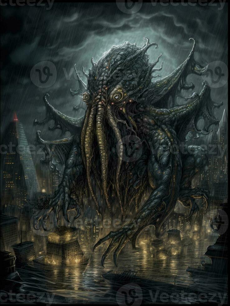 diablo Cthulhu demon battle tattoo epic dark fantasy illustration art scary poster oil painting photo