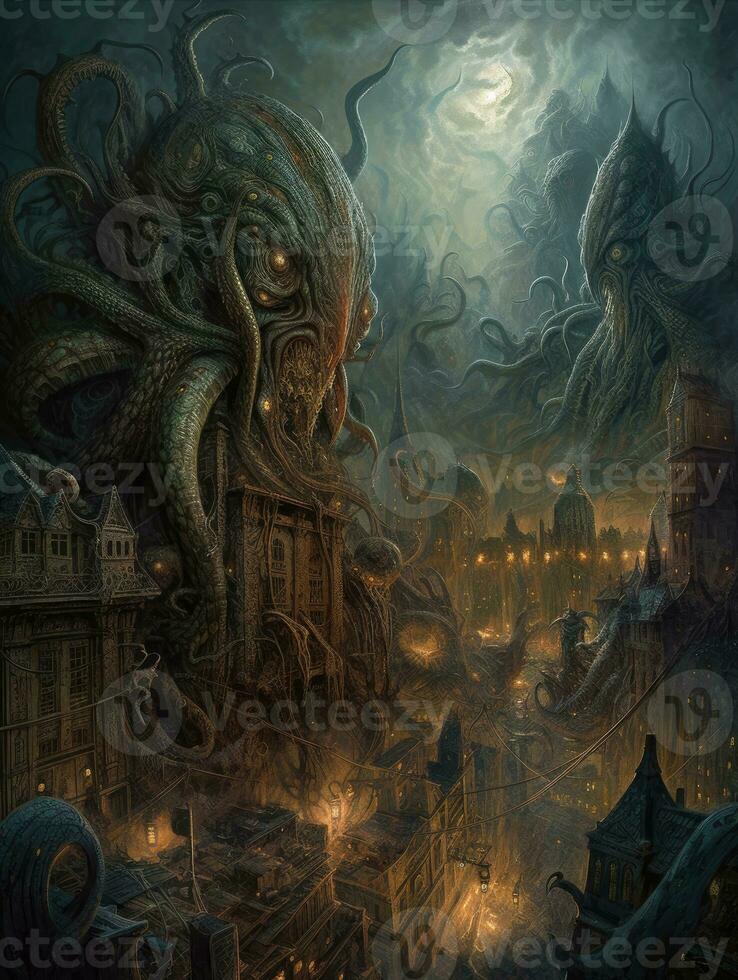 diablo Cthulhu demon battle tattoo epic dark fantasy illustration art scary poster oil painting photo