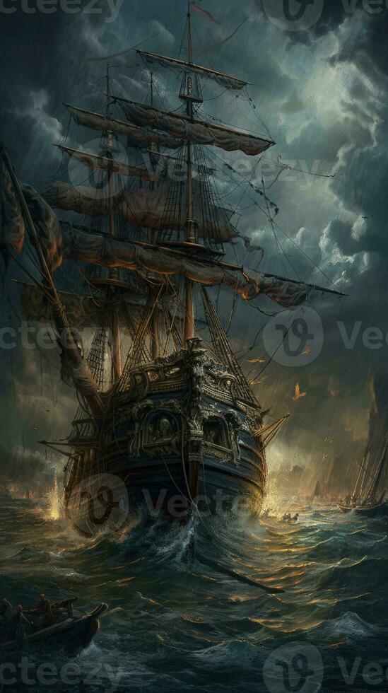 ship sea wave epic dark fantasy illustration art scary detailed poster oil painting apocalypse photo