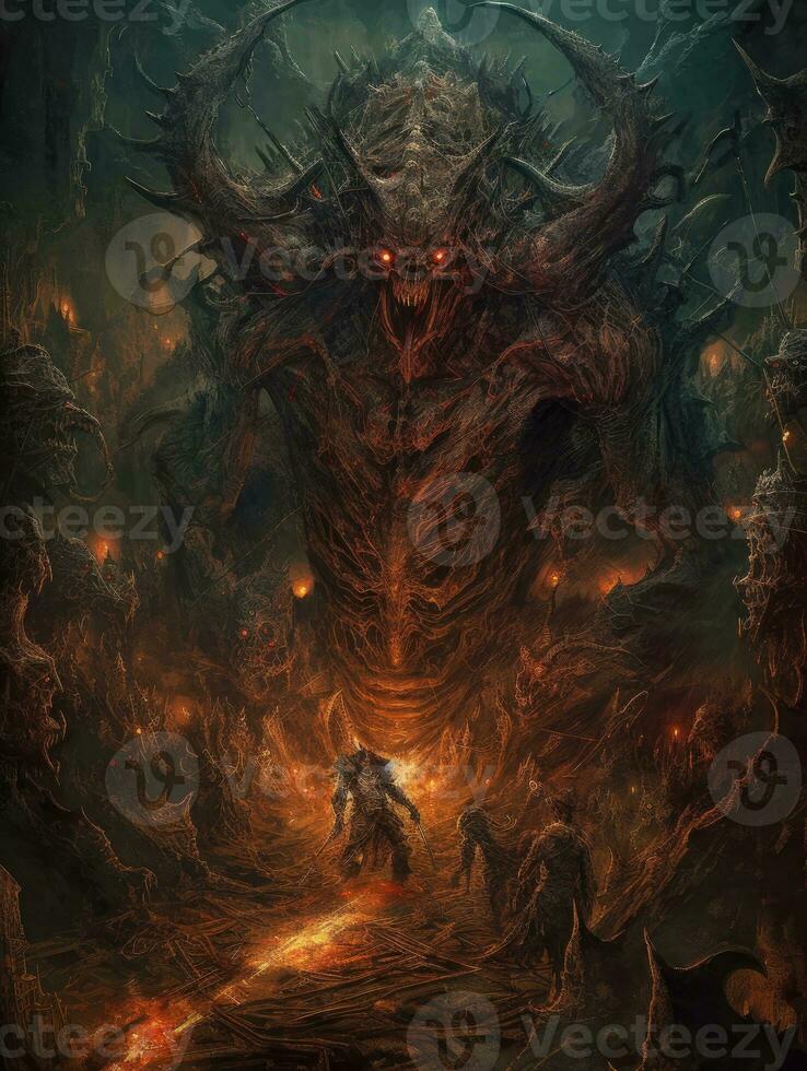 diablo satanás demonio batalla tatuaje épico oscuro fantasía ilustración Arte de miedo póster petróleo pintura foto