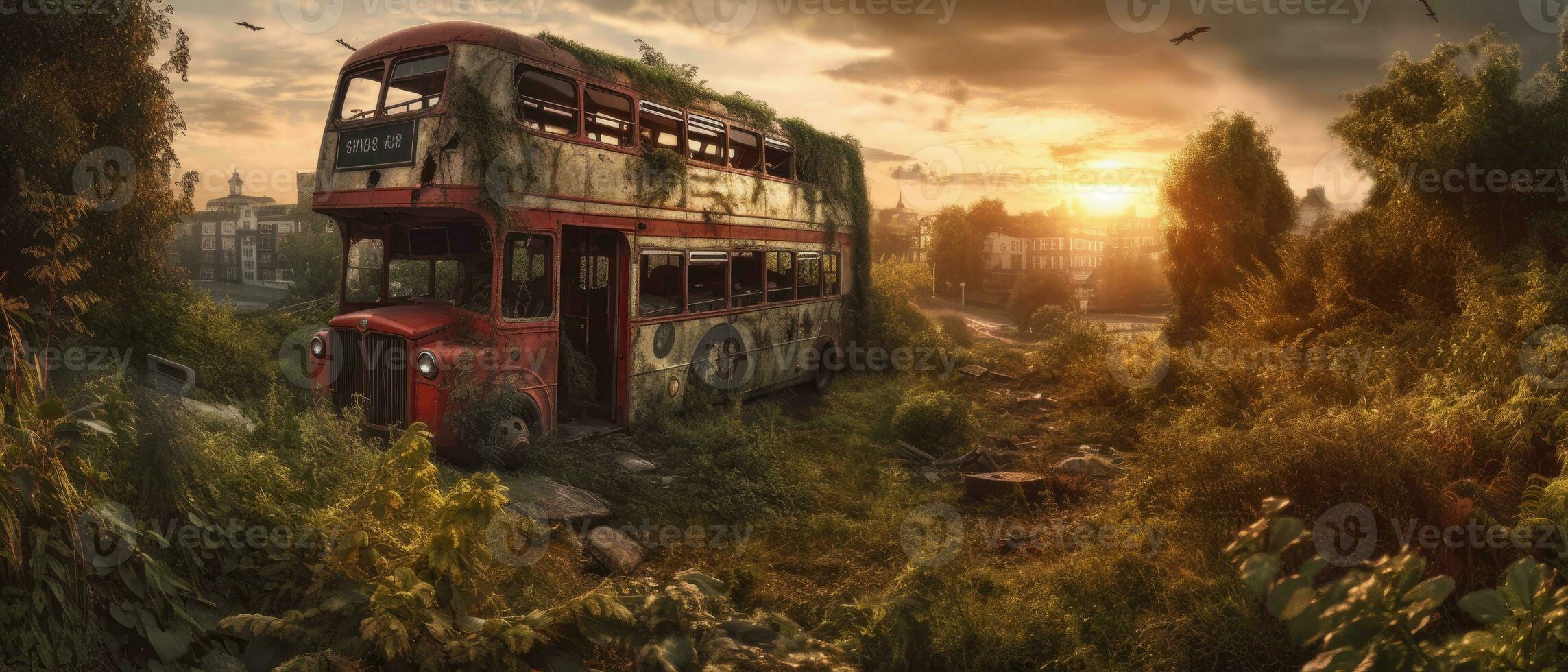 red bus double decker london post apocalypse landscape game wallpaper photo art illustration rust