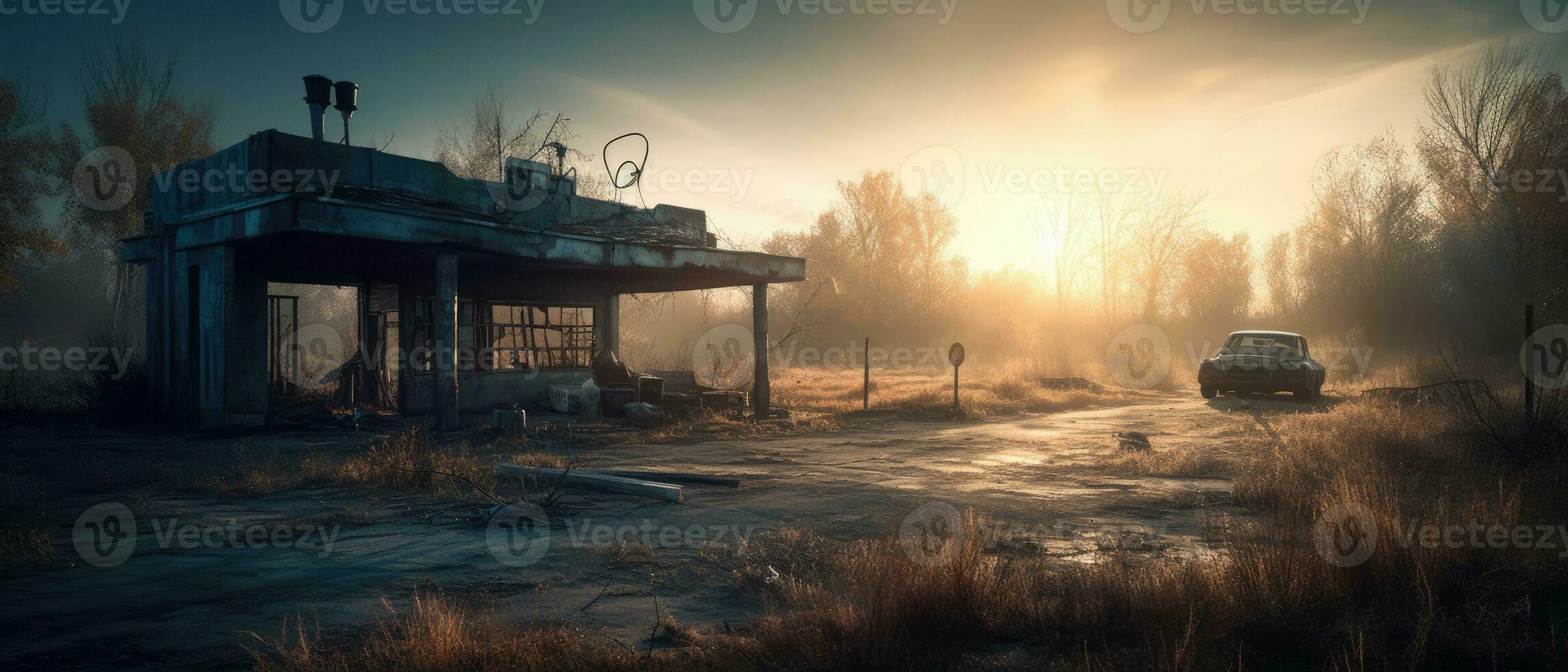 abandonado gas estación enviar apocalipsis paisaje juego fondo de pantalla foto Arte ilustración oxido