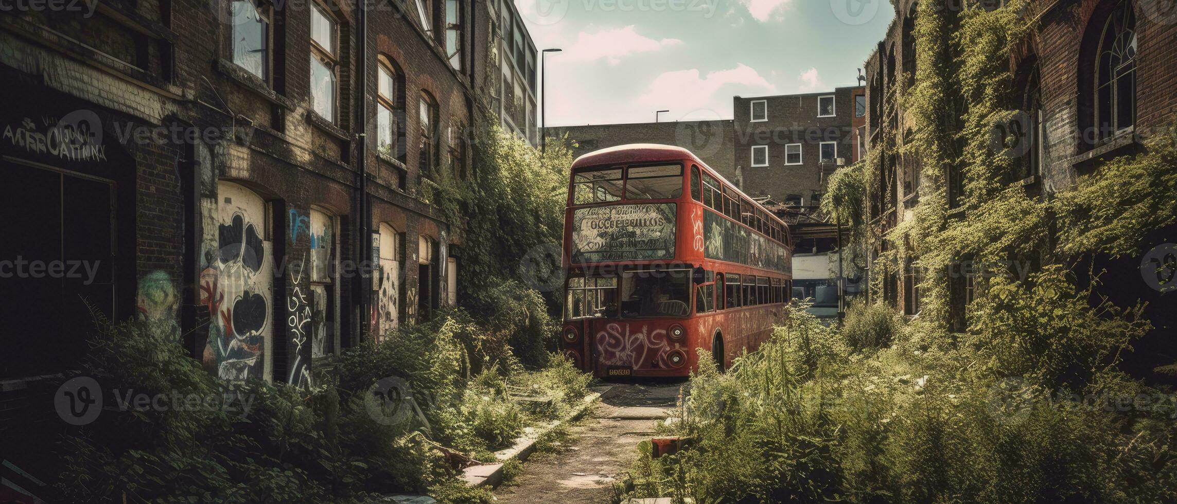 red bus double decker london post apocalypse landscape game wallpaper photo art illustration rust