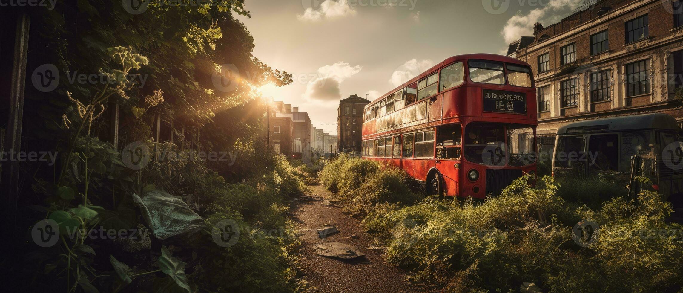 red bus double decker london post apocalypse landscape game wallpaper photo art illustration rust