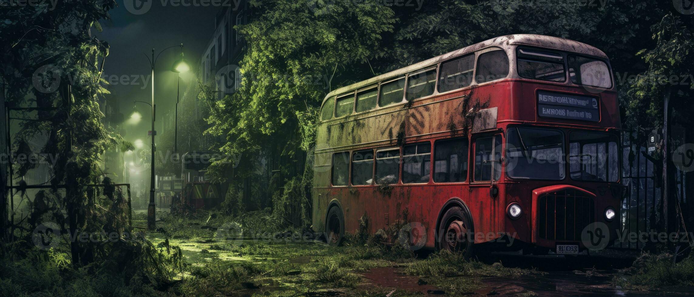 red bus double decker london post apocalypse landscape game wallpaper photo art illustration rust