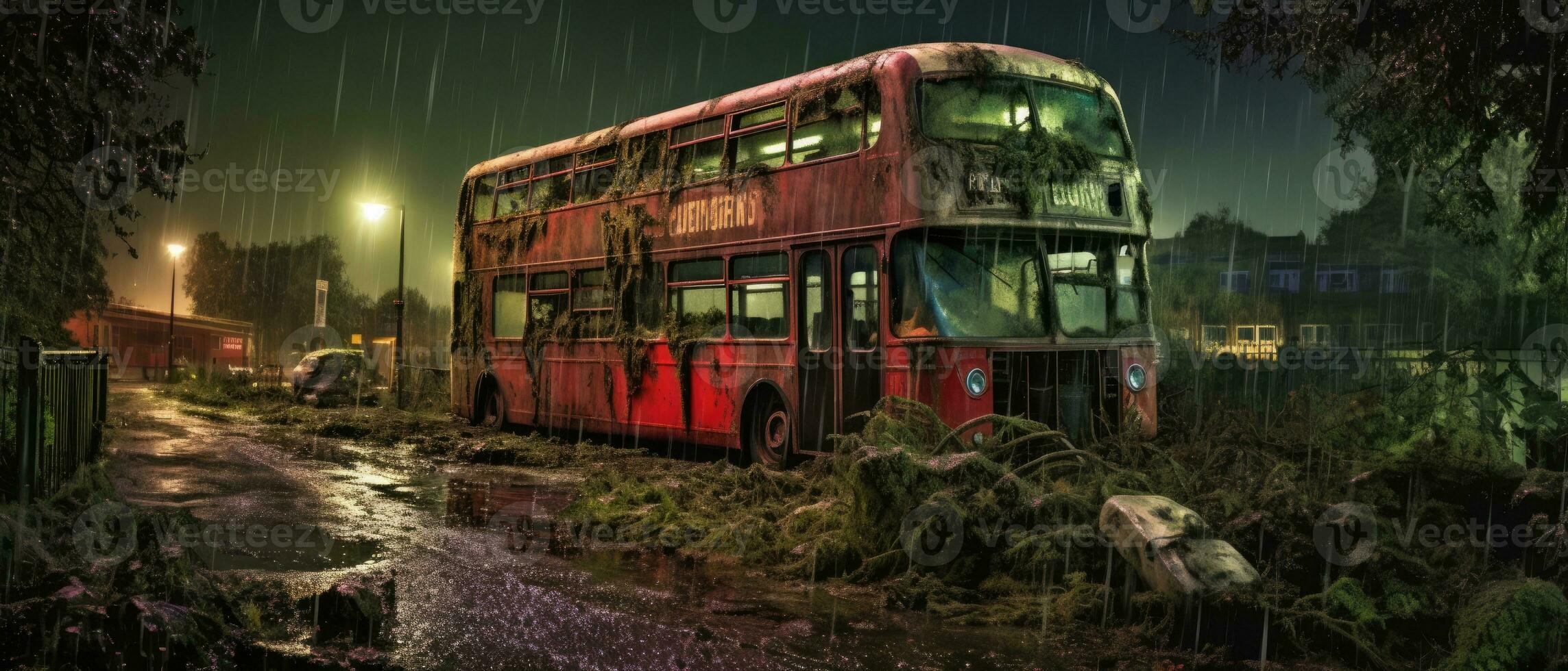 red bus double decker london post apocalypse landscape game wallpaper photo art illustration rust