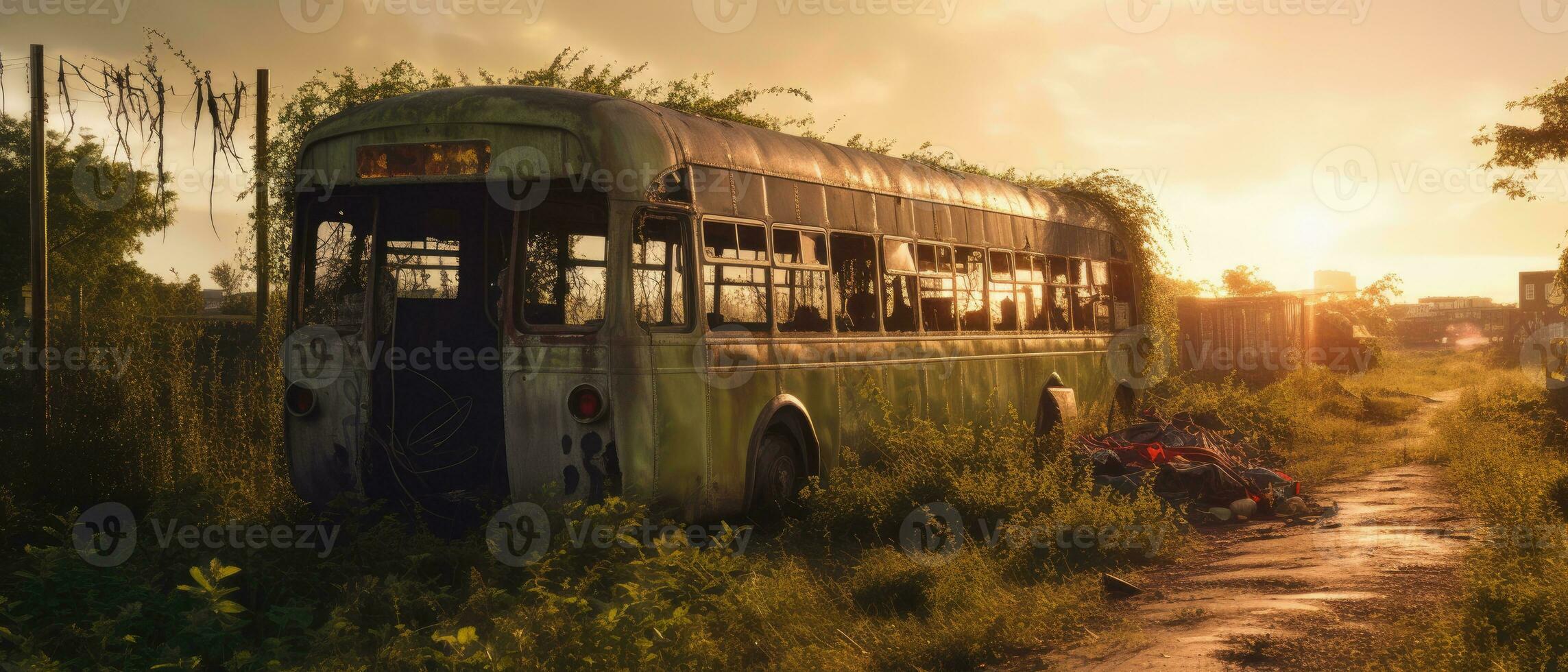 red bus double decker london post apocalypse landscape game wallpaper photo art illustration rust