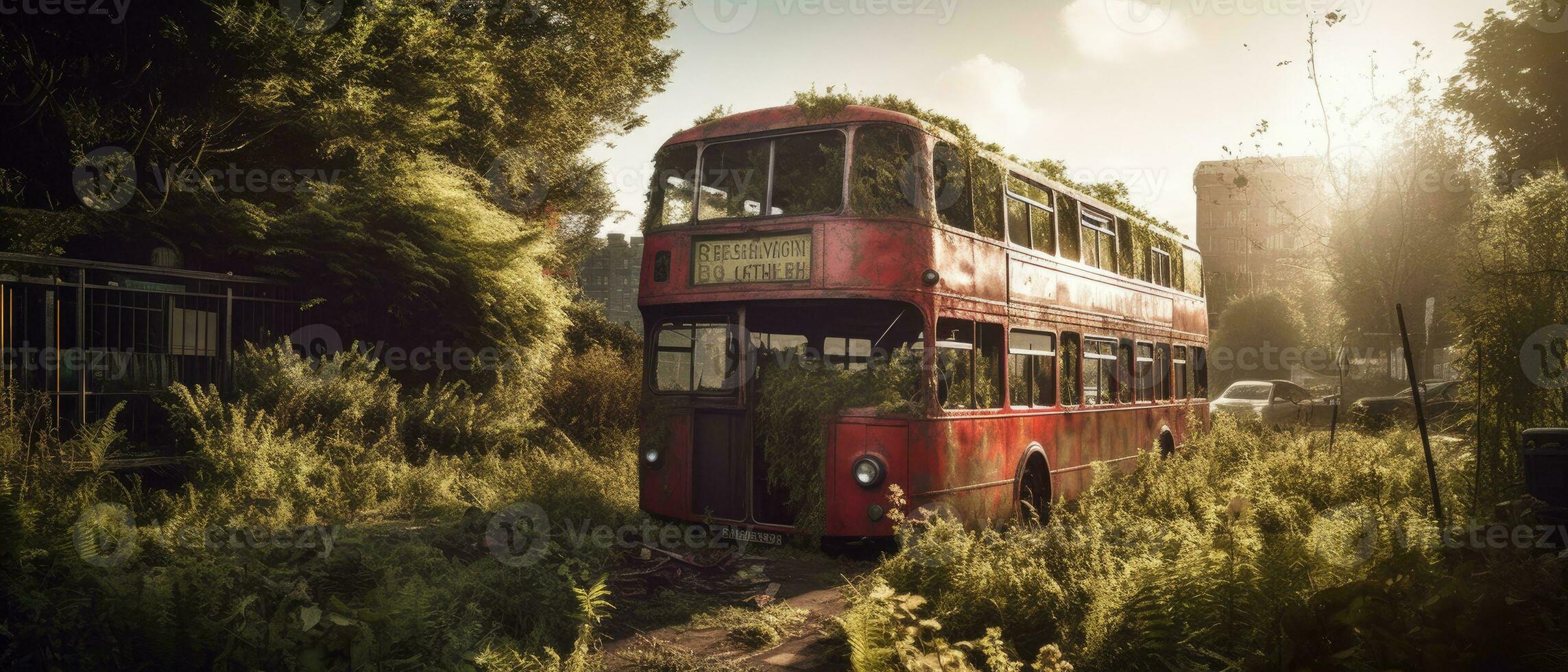 red bus double decker london post apocalypse landscape game wallpaper photo art illustration rust