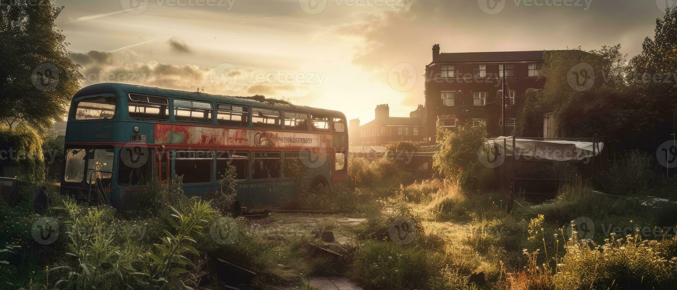 red bus double decker london post apocalypse landscape game wallpaper photo art illustration rust