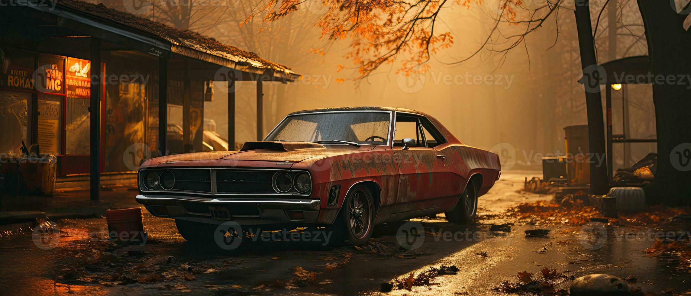 retro car muscle isolated post apocalypse landscape game wallpaper photo art illustration rust