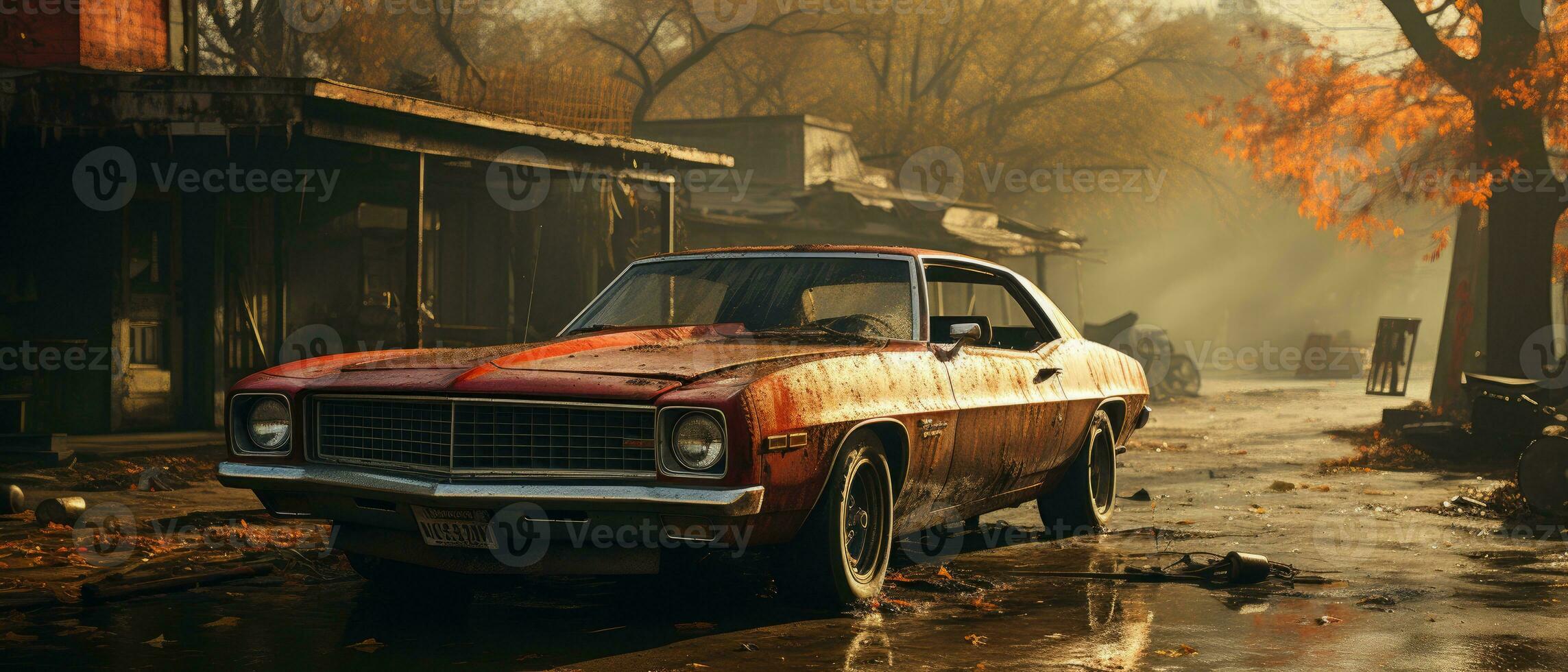 retro coche músculo aislado enviar apocalipsis paisaje juego fondo de pantalla foto Arte ilustración oxido