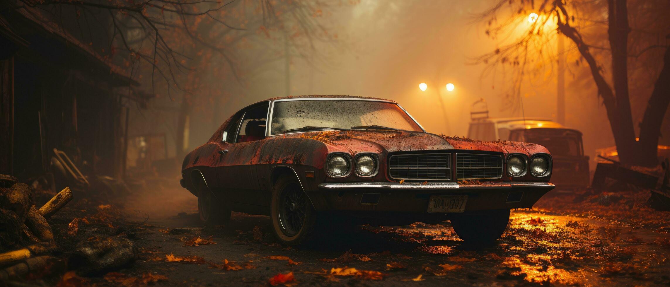 retro car muscle isolated post apocalypse landscape game wallpaper photo art illustration rust