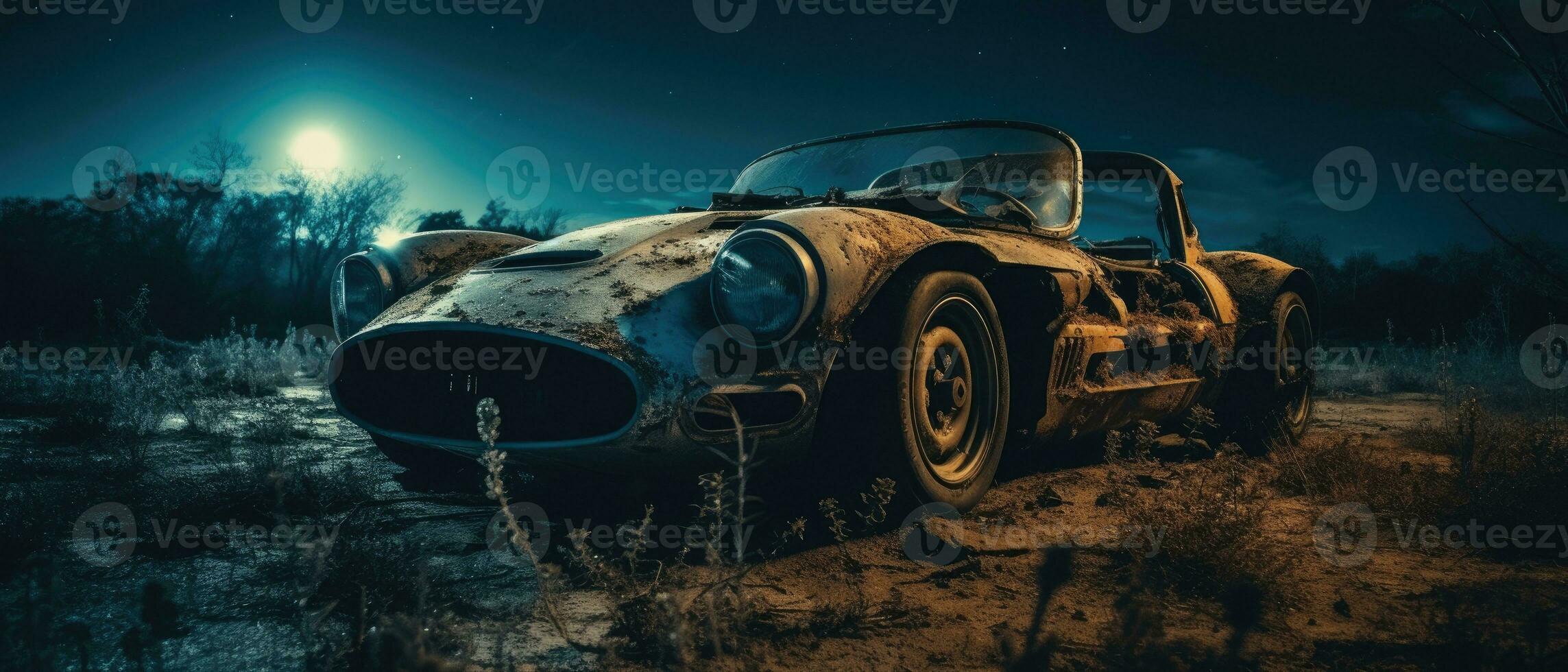 retro súper coche destruido enviar apocalipsis paisaje juego fondo de pantalla foto Arte ilustración oxido