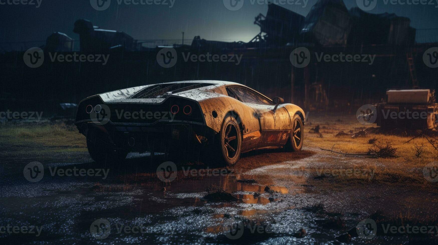 retro super car destroyed post apocalypse landscape game wallpaper photo art illustration rust