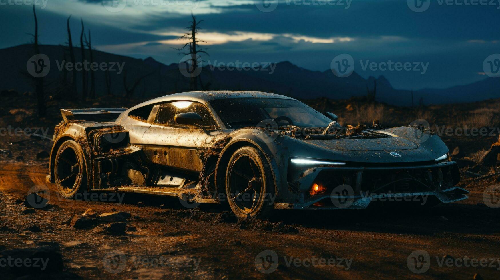 retro super car destroyed post apocalypse landscape game wallpaper photo art illustration rust